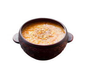 Kapustnyak - traditional Ukrainian winter soup with sauerkraut, millet and meat isolated with clipping path