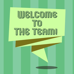 Fototapeta premium Handwriting text Welcome To The Team. Concept meaning Greeting making part of a work group new showing Folded 3D Ribbon Strip Solid Color Blank Sash photo for Celebration