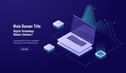 Online Analytics, big data processing, laptop with graph, data visualization, isometric, database access, account sign in, enter password, dark neon vector