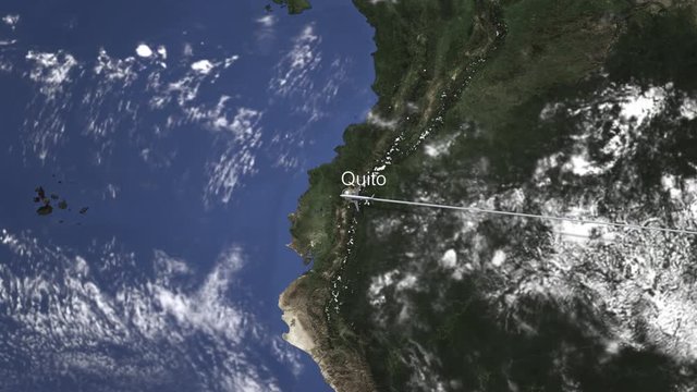 Plane arrives to Quito, Ecuador from east, 3D animation 
