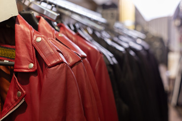 Collection of leather jackets in shop