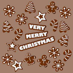 Vector Illustration of Very Merry Christmas with Gingerbread