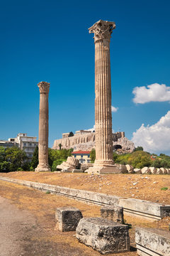 Temple of Zeus with Acropolis on the background in Athens, Greece