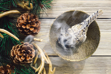 Brass Bowl with Burning Sage Smudge in Woodland Setting