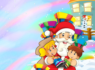 cartoon snow scene with santa claus and kids - illustration for children