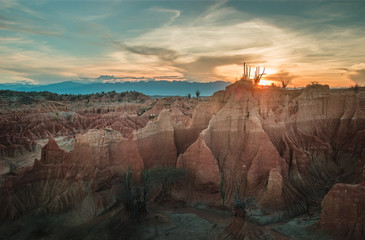 Sunset view of famous canyon of clay formations and cactus in the red Tatacoa desert, a semi arid dry tropical forest, near Neiva, Colombia.