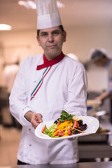 Chef showing a plate of tasty meal