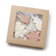 Christmas gingerbread cookies in a box isolated on white background