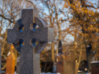 Cemetery in winter with snow, Halifax, Titanic graves in snow, no people, sunny, cold.