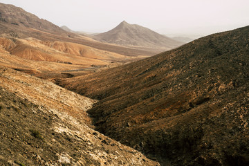 Obraz premium Wild landscape inside fuerteventura island with high desertic mountains from vulcans - holiday alternative rural scemnic place to enjoy the wildness of the world and the spirit of adventure