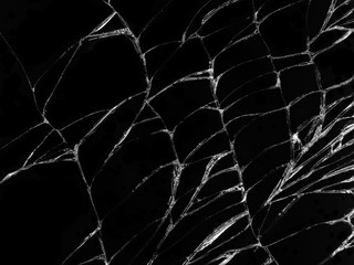 Cracked glass texture on black background. Isolated realistic cracked glass effect.