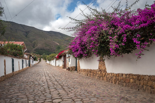 A Villa De Leyva typical quiet colonial street, with georgeous flowers, in Boyaca, Colombia
