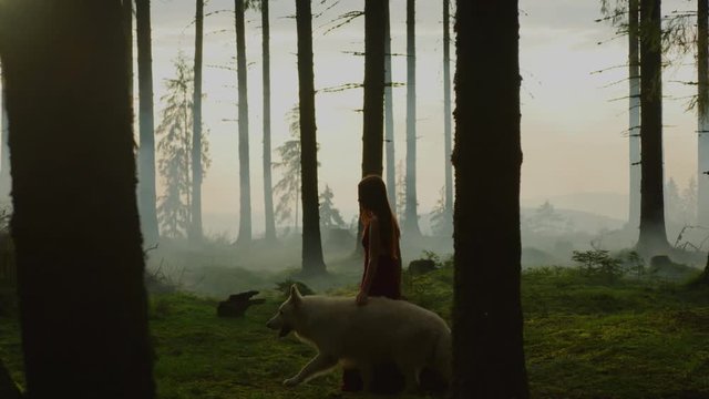 Woman walking in the forest with a dog