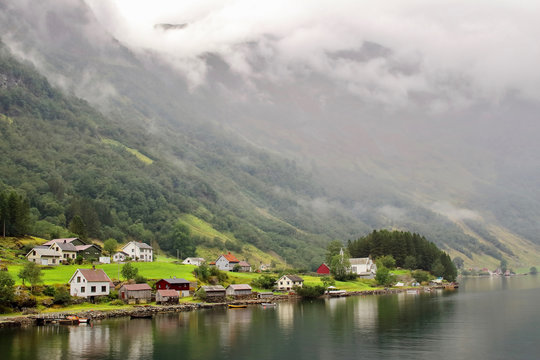 Main view of Bakka, a tiny village in the municipality of Aurland in Sogn og Fjordane county, Norway. It is located on the western shore of the N&aelig;r&oslash;yfjord  5 kilometres north of Gudvangen village.