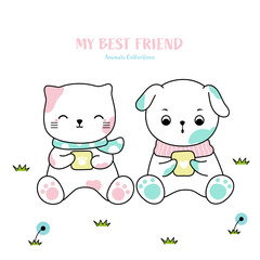Cute cat and dog animal hand drawn style