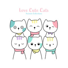 Cute cats animal hand drawn style