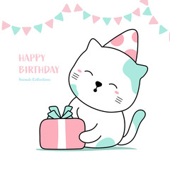 Cute cat with gift animal hand drawn style