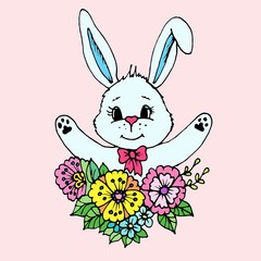 Doodle cute rabbit in flowers and colour