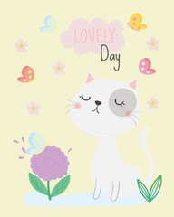 Cute cat vector. T-shirt design. Greeting card.