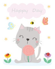 Cute cat vector. T-shirt design. Greeting card.
