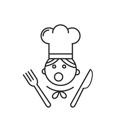 Chef in a cooking hat with fork and knife symbol vector outline icon