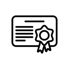 Document of certificate with award, linear outline icon. Black i