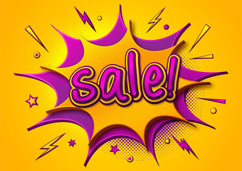 Comic sale poster: speech bubbles, burst, text and sound effect. Colorful funny banner in comics book and pop art style. Yellow-purple cartoon illustration with halftone effect