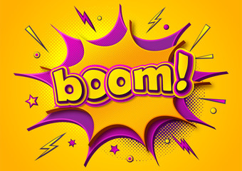 Comic poster: speech bubbles, burst, boom text and sound effect. Colorful funny banner in comics book and pop art style. Yellow-purple cartoon banner with halftone effect. Vector illustration © Anci Valiart