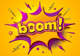 Foto auf Alu-Dibond Comic poster: speech bubbles, burst, boom text and sound effect. Colorful funny banner in comics book and pop art style. Yellow-purple cartoon banner with halftone effect. Vector illustration © Anci Valiart