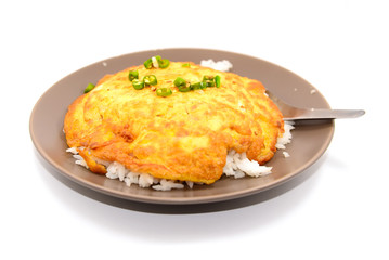 Food, omelet on rice isolated on white background