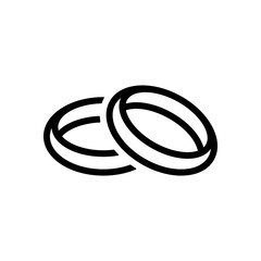 Wedding rings, pair crossed and linked circles, linear outline icon. Black icon on white background