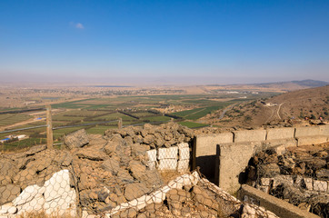 Fortifications on Mount Bental from the Yom Kippur War in Israel's Golan Heights overlooking the Israeli and Syrian countryside