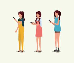 Obraz premium group of girls using smartphone