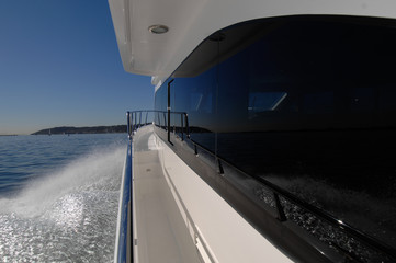 looking up rail of sportfishing boat