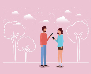 couple using smartphone in the field