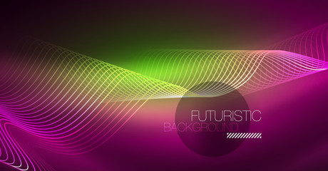 Abstract shiny glowinng color wave design element on dark background - science or technology concept