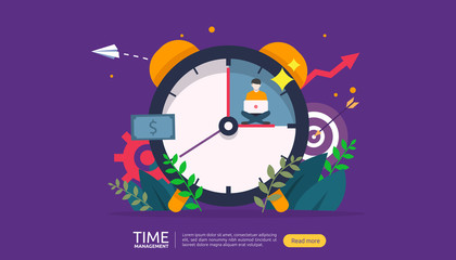 time management and procrastination concept. planning and strategy for business solutions with clock, calendar and tiny people character for presentation, social and print media. Vector illustration