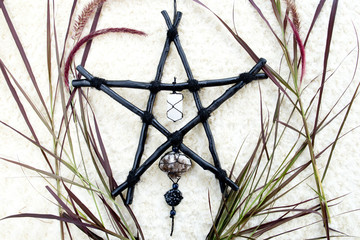 Black Branch Pentagram symbol for Witchcraft, Wicca, Paganism with selenite, smoky quartz and...