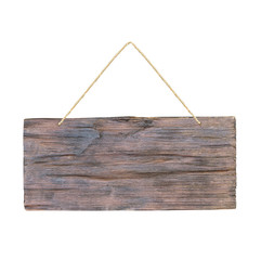 empty wooden sign with lope ofr hang on white background