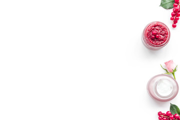 organic cosmetics for homemade spa with wineberry salt on white background top view mockup