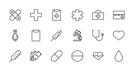 Set of medicine vector line icons. It contains the first aid kit, nurse, syringe, thermometer, plastic, pills, heart, drop of blood, palpitation and much more. Editable move. 32x32 pixels.