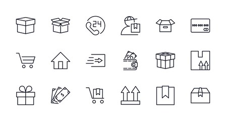 Set of shipping vector line icon. It contains symbols to box, home and more. Editable move. 32x32 pixels.
