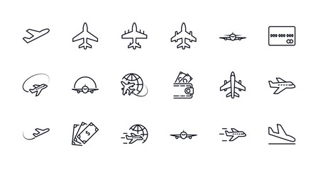 Set of plane vector line icon. It contains symbols to aircraft, globe and more. Editable move. 32x32 pixels.