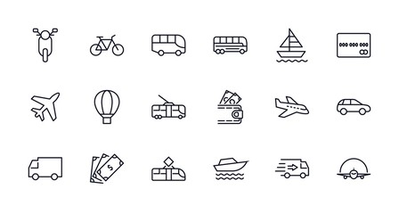Set of Public Transport Related Vector Line Icons. Contains such Icons as Bus, Bike, Scooter, Car, balloon, Truck, Tram, Trolley, Sailboat, powerboat, Airplane and more. Editable Stroke. 32x32 Pixel