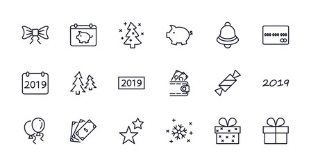 Happy New Year Pigs. Set vector line icon. Contains such Icons as Pig, Christmas Tree, Calendar 2019, Bow, Balloons, Bell, Candy, Gift Box, Stars, Snowflake. Editable Stroke. 32x32 Pixel Perfect