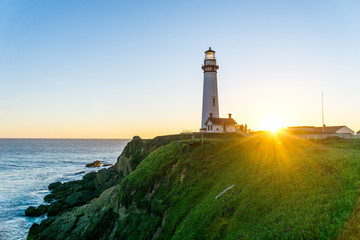 Sunset at Historic Lighthouse - Pigeon Point Lighthouse - California, USA - obrazy, fototapety, plakaty