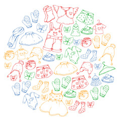 Children clothing and fashion. Dress, skirt, shorts. scarf, trousers for boys and girls. Kids fashion. Summer, winter, spring, autumn sale.