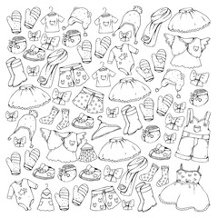 Children clothing and fashion. Dress, skirt, shorts. scarf, trousers for boys and girls. Kids fashion. Summer, winter, spring, autumn sale. Elements for coloring pages.