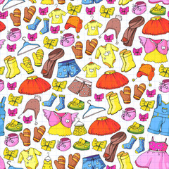 Naklejka premium Children clothing and fashion. Dress, skirt, shorts. scarf, trousers for boys and girls. Kids fashion. Summer, winter, spring, autumn sale. Seamless pattern.