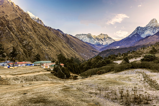 Panoramic view of Mt. Everest, Lhotse, Nuptse and Ama Dablam from Tengboche, Nepal